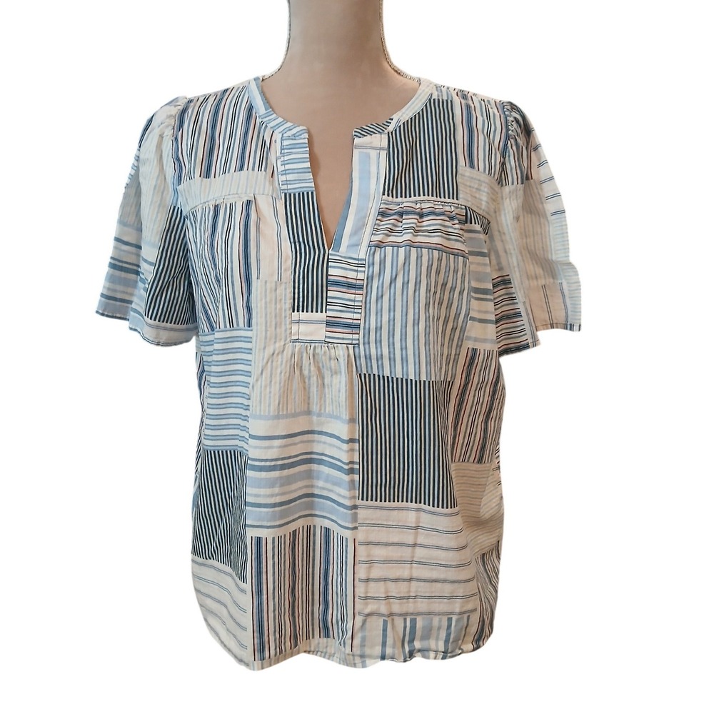 LOFT M Womens Blue White Patchwork Stripe Split Neck Short Sleeve Blouse Summer
